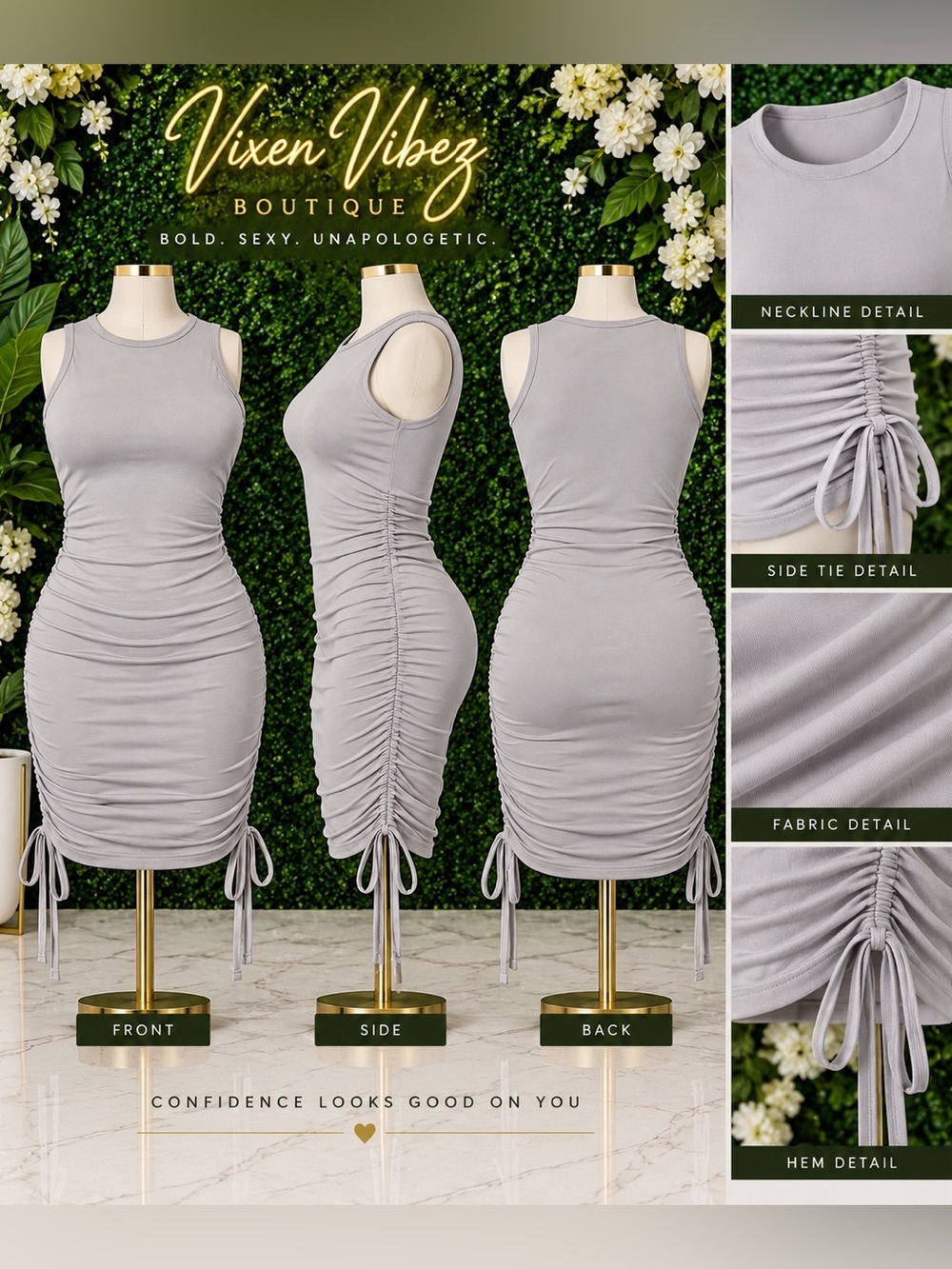 Ruched Sleeveless Bodycon Mini Dress with Adjustable Side Ties
